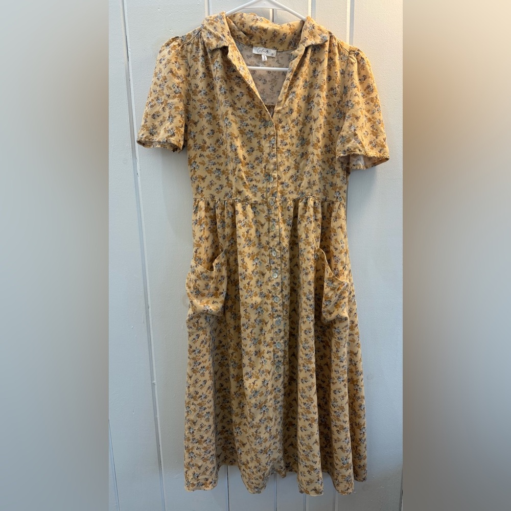 Yellow Floral Button-Front Women's Dress
